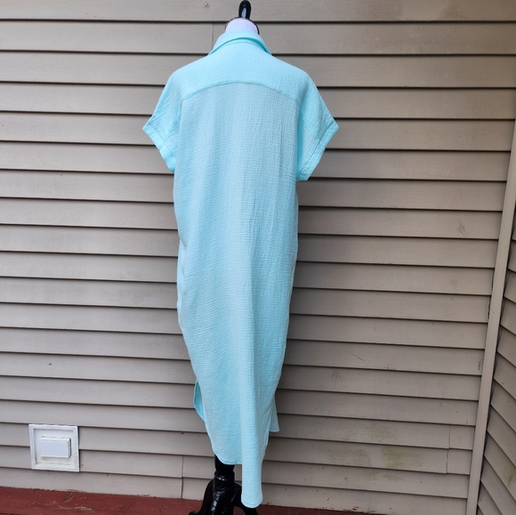 Mint Green Long Dress Muslin Style Button-Up Dolman Short Sleeves - Picture 8 of 12